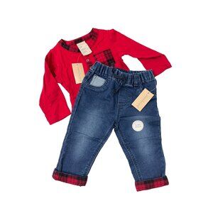 Baby Boy Jean Set With Drawstring Jeans & Plaid Long Sleeve Shirt 12M